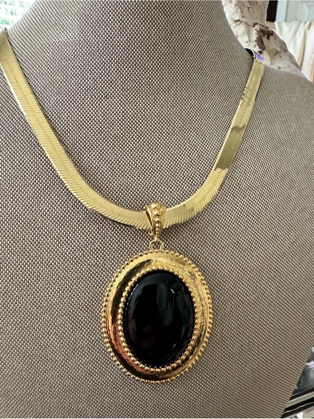 Italian 18K Gold Over Brass Oval Enhancer With Large Onyx Stone